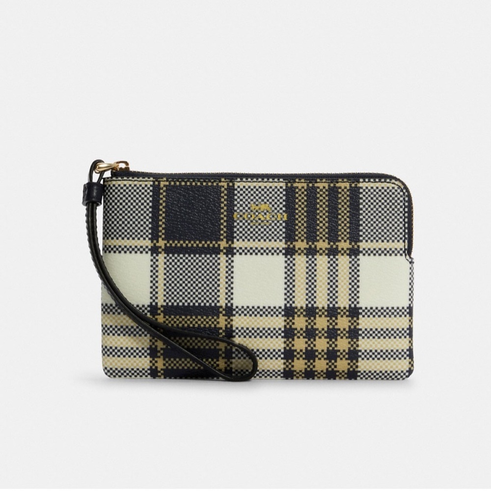 NWOT Coach Corner Zip w/ Garden Plaid Coated Canvas and Leather
